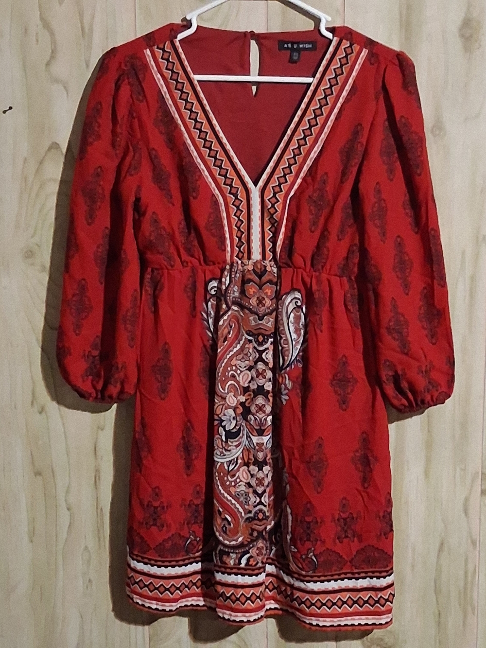 As U Wish Red Paisley V-Neck Mini Dress XS